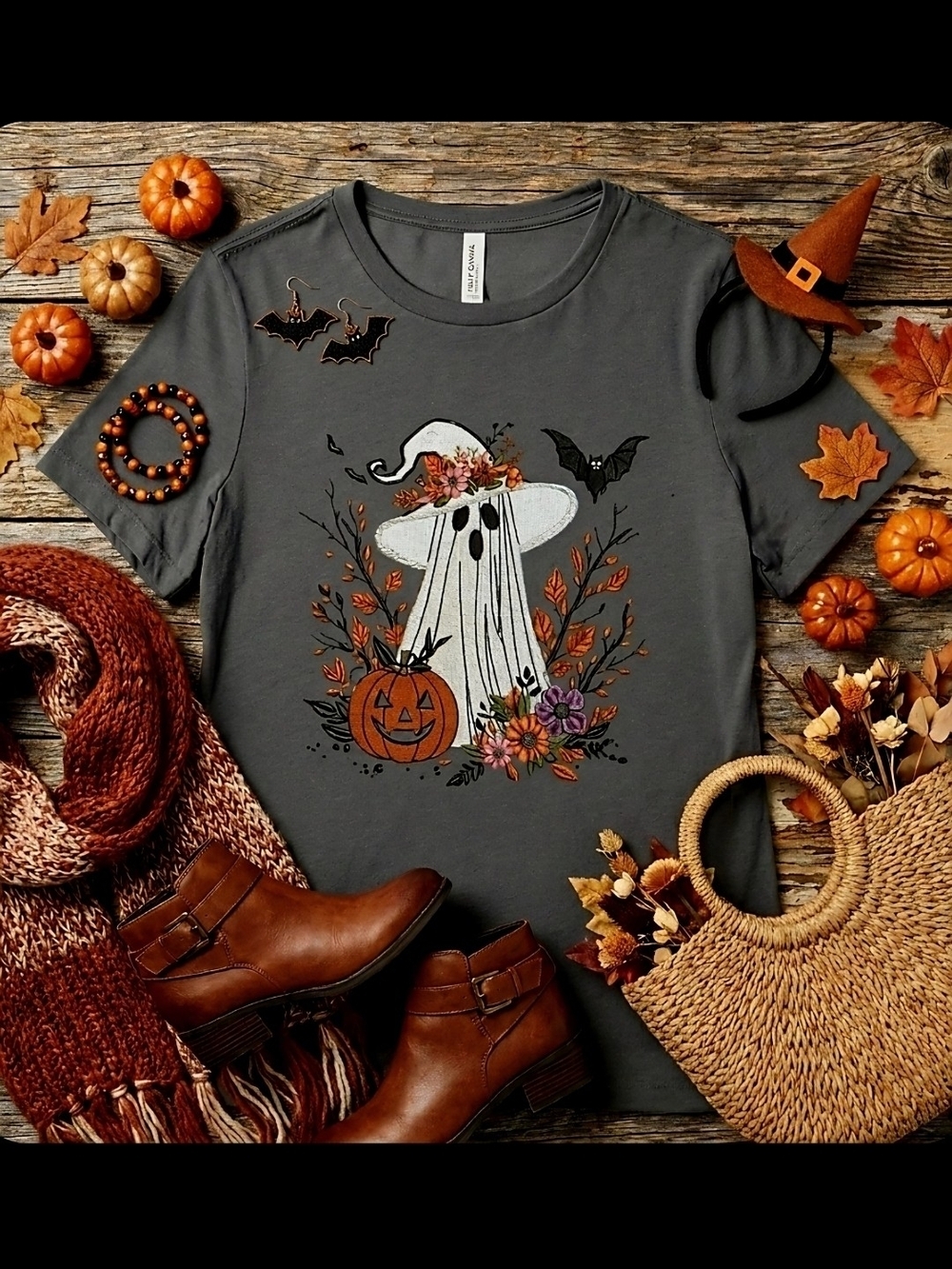 Halloween Ghost Witch Hat Tee | Fall Floral Spooky Shirt | Cute Pumpkin Ghost